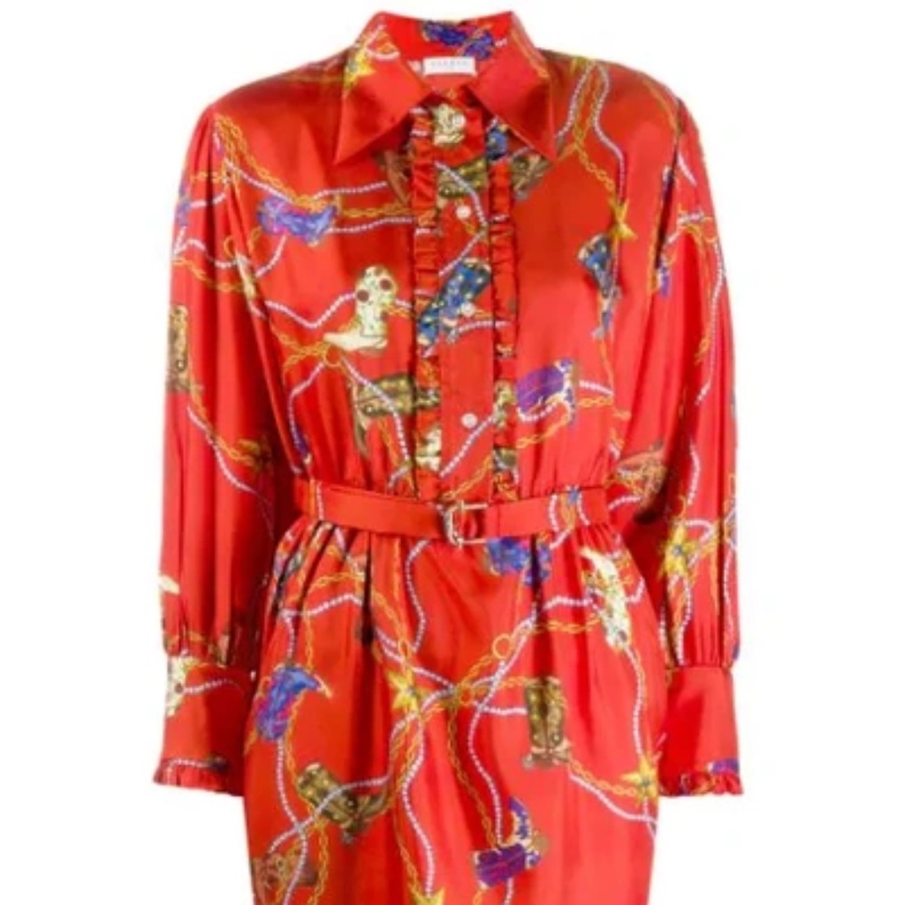 Sandro Red Chain Print Midi Dress with Blue & Gold Accents